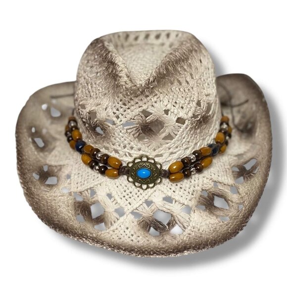 White Brown Crochet Straw Cowboy Hat Turquoise Beaded Band - Picture 2 of 4